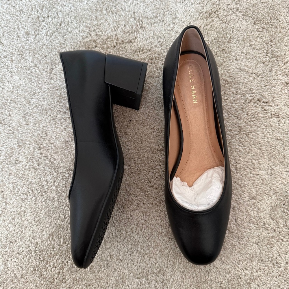 Cole Haan Go-To Shayla Pump Black Leather Block Heel Womens 6.5B Almond Toe - Picture 4 of 7